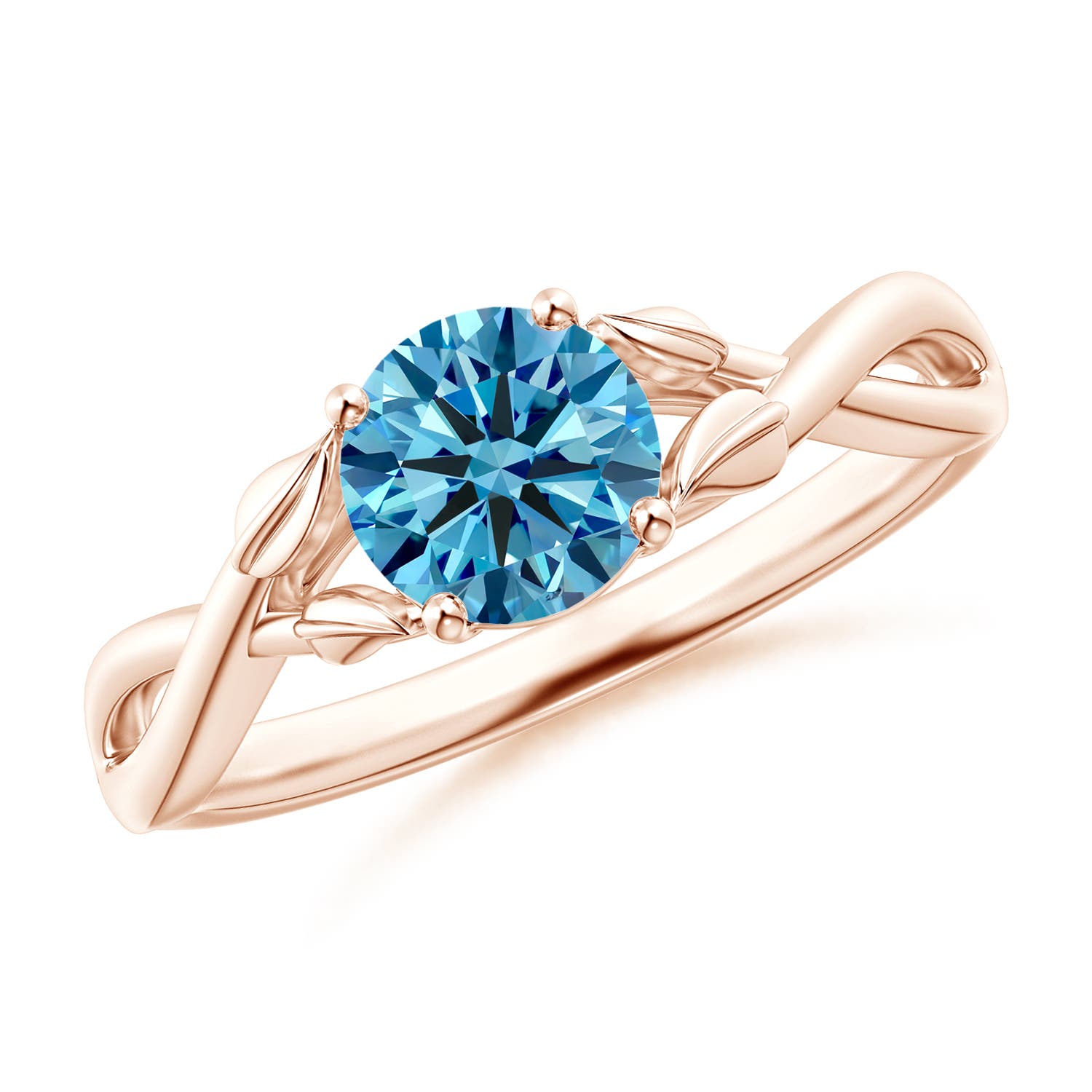 Angara 1.0 CTW Nature Inspired Fancy Intense Blue Diamond Crossover Engagement Ring with Leaf Motifs in 18K Rose Gold