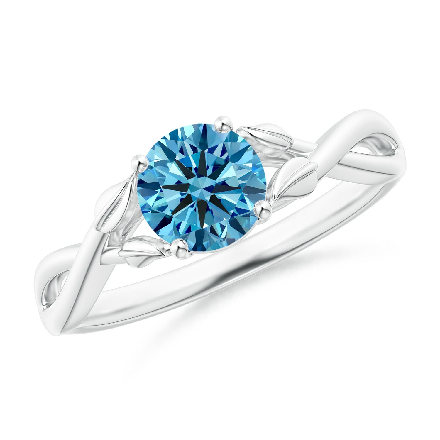 6.4mm AAAA Nature Inspired Fancy Intense Blue Diamond Crossover Ring with Leaf Motifs in 18K White Gold