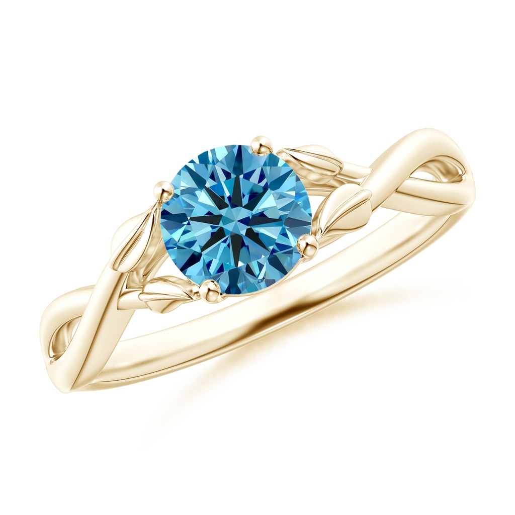 6.4mm AAAA Nature Inspired Fancy Intense Blue Diamond Crossover Ring with Leaf Motifs in Yellow Gold