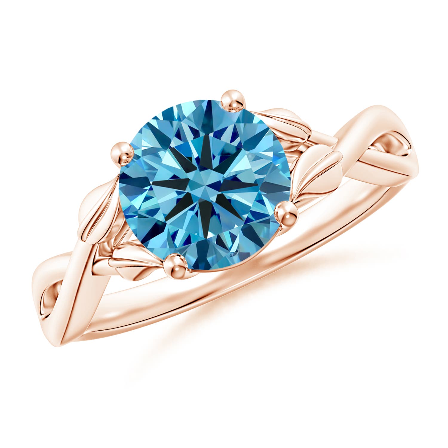 Angara 2.01 CTW Nature Inspired Fancy Intense Blue Diamond Crossover Engagement Ring with Leaf Motifs in 14K Rose Gold