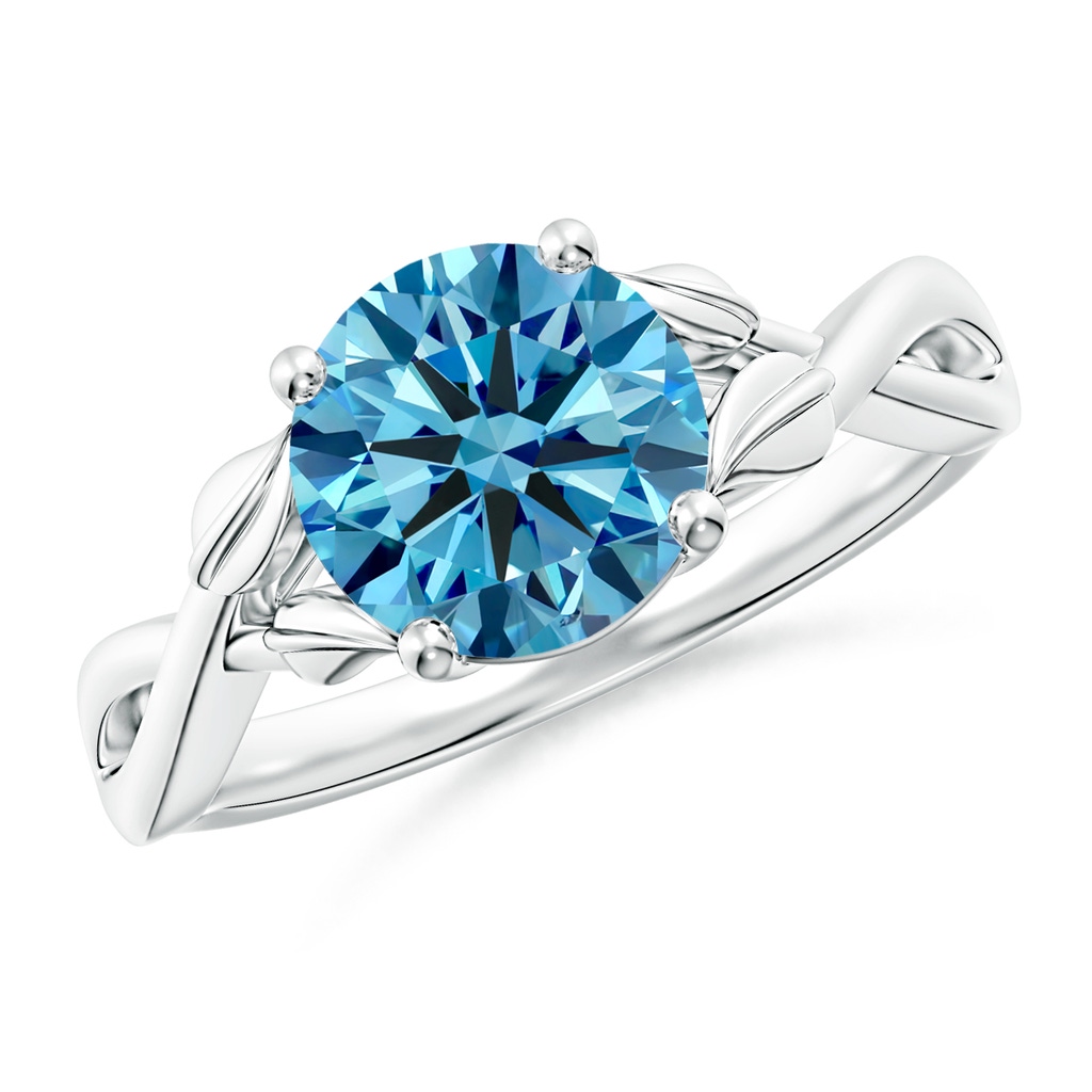 8.1mm AAAA Nature Inspired Fancy Intense Blue Diamond Crossover Ring with Leaf Motifs in White Gold