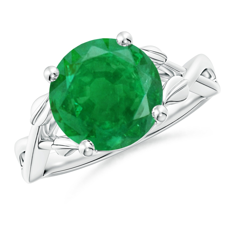 10mm AA Nature Inspired Emerald Crossover Ring with Leaf Motifs in P950 Platinum 