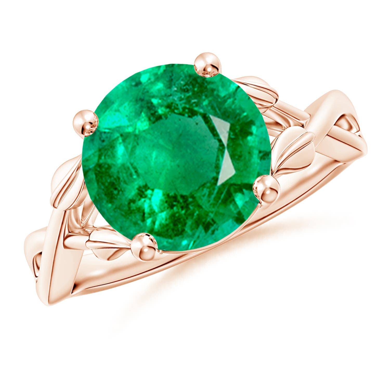 10mm AAA Nature Inspired Emerald Crossover Ring with Leaf Motifs in Rose Gold