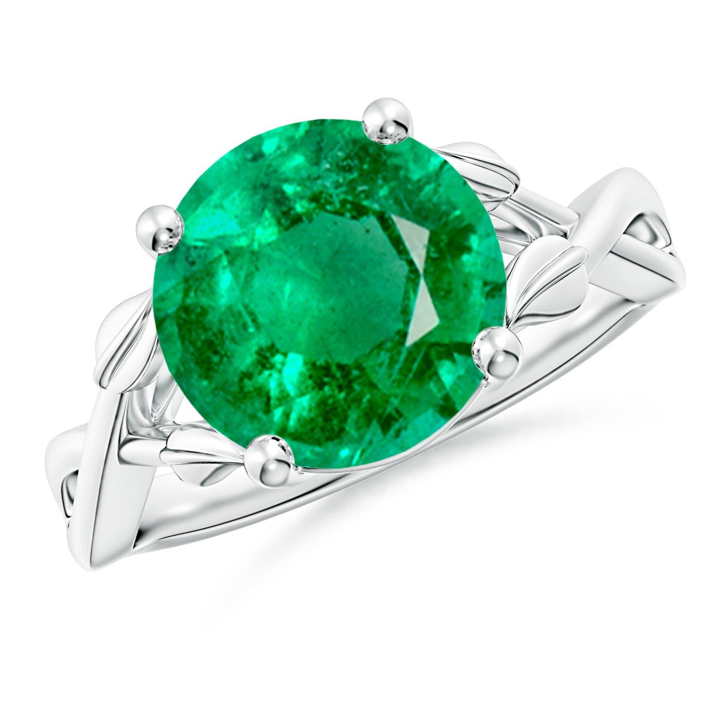 10mm AAA Nature Inspired Emerald Crossover Ring with Leaf Motifs in White Gold