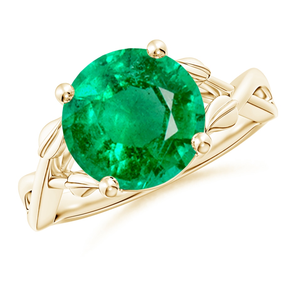 10mm AAA Nature Inspired Emerald Crossover Ring with Leaf Motifs in Yellow Gold 