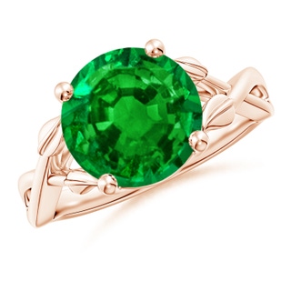 10mm AAAA Nature Inspired Emerald Crossover Ring with Leaf Motifs in Rose Gold