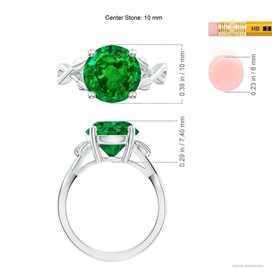 10mm AAAA Nature Inspired Emerald Crossover Ring with Leaf Motifs in White Gold ruler