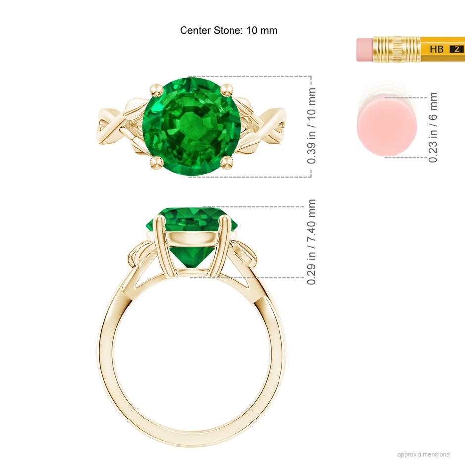 10mm AAAA Nature Inspired Emerald Crossover Ring with Leaf Motifs in Yellow Gold ruler