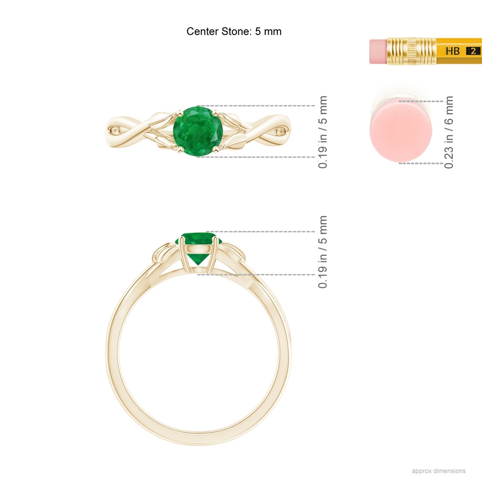 5mm AA Nature Inspired Emerald Crossover Ring with Leaf Motifs in Yellow Gold ruler