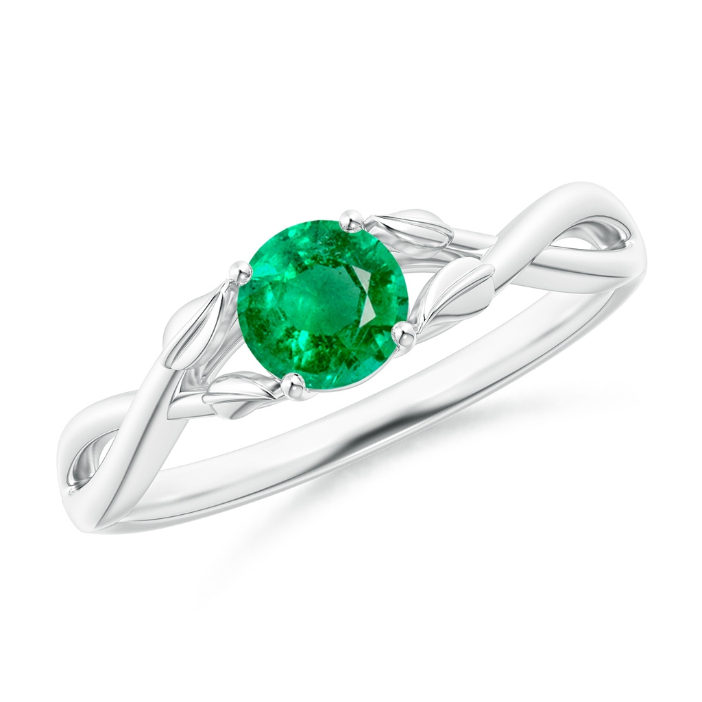 5mm AAA Nature Inspired Emerald Crossover Ring with Leaf Motifs in White Gold