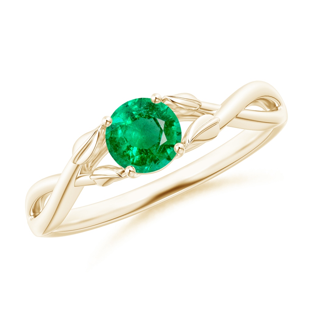 5mm AAA Nature Inspired Emerald Crossover Ring with Leaf Motifs in Yellow Gold