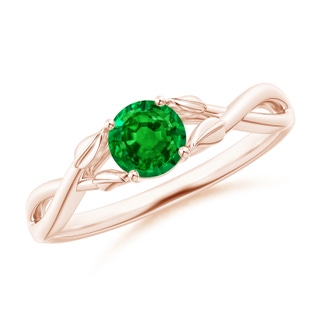 5mm AAAA Nature Inspired Emerald Crossover Ring with Leaf Motifs in 10K Rose Gold