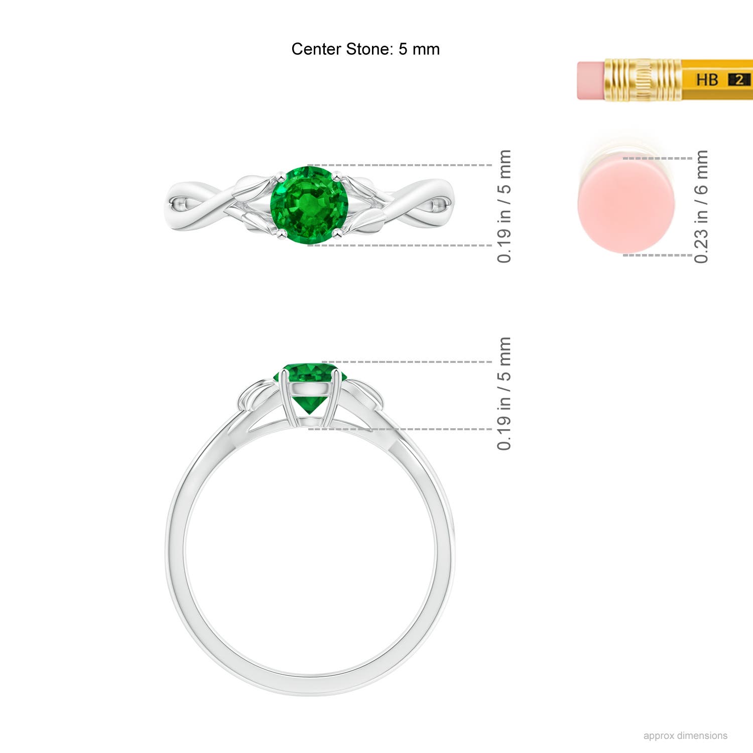 5mm AAAA Nature Inspired Emerald Crossover Ring with Leaf Motifs in White Gold - ruler