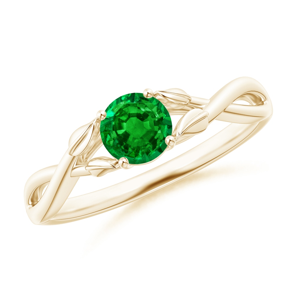 5mm AAAA Nature Inspired Emerald Crossover Ring with Leaf Motifs in Yellow Gold