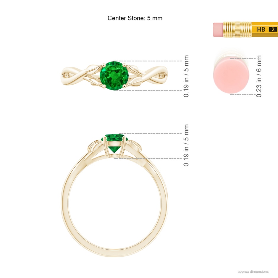 5mm AAAA Nature Inspired Emerald Crossover Ring with Leaf Motifs in Yellow Gold ruler