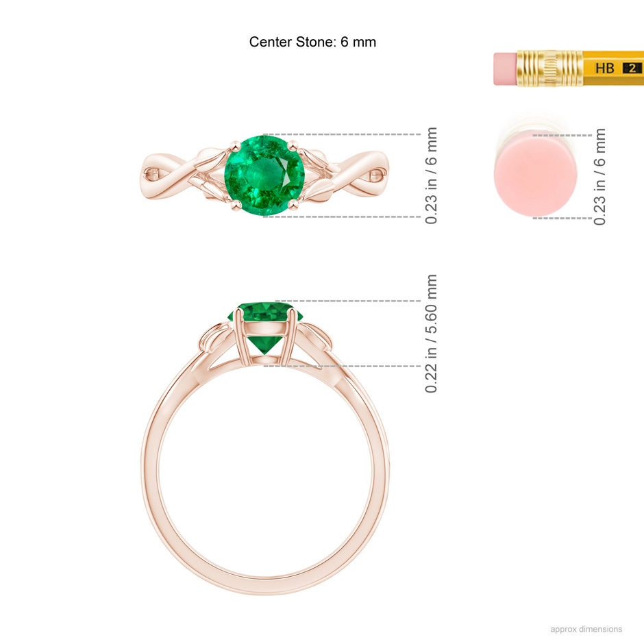 6mm AAA Nature Inspired Emerald Crossover Ring with Leaf Motifs in Rose Gold ruler