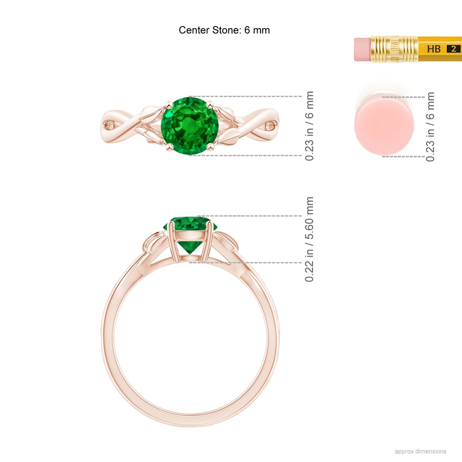 6mm AAAA Nature Inspired Emerald Crossover Ring with Leaf Motifs in Rose Gold ruler