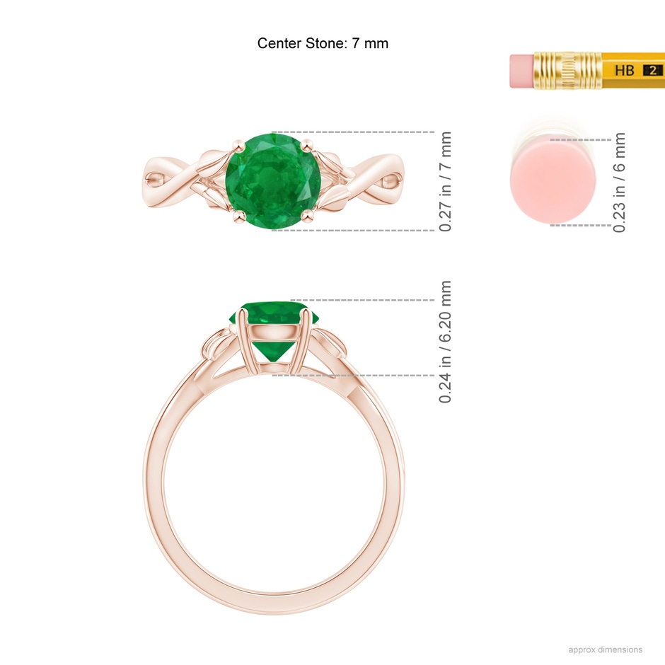 7mm AA Nature Inspired Emerald Crossover Ring with Leaf Motifs in Rose Gold ruler