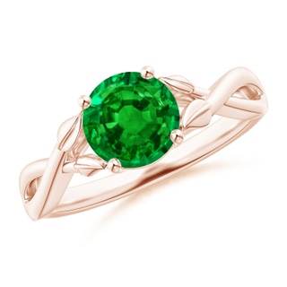 7mm AAAA Nature Inspired Emerald Crossover Ring with Leaf Motifs in 10K Rose Gold