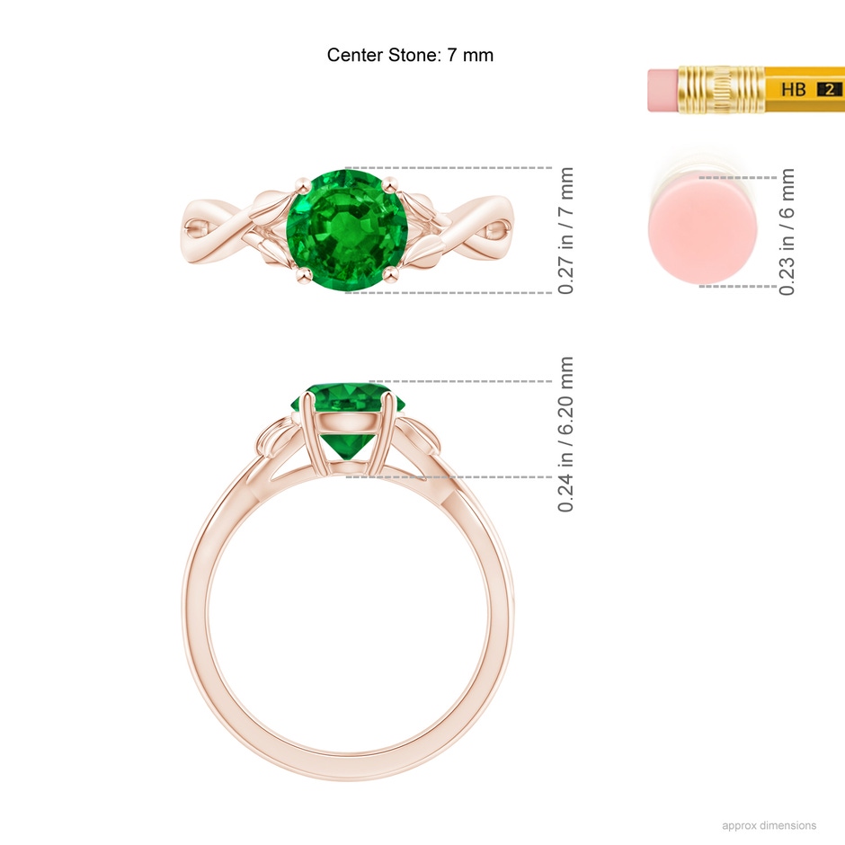 7mm AAAA Nature Inspired Emerald Crossover Ring with Leaf Motifs in Rose Gold ruler