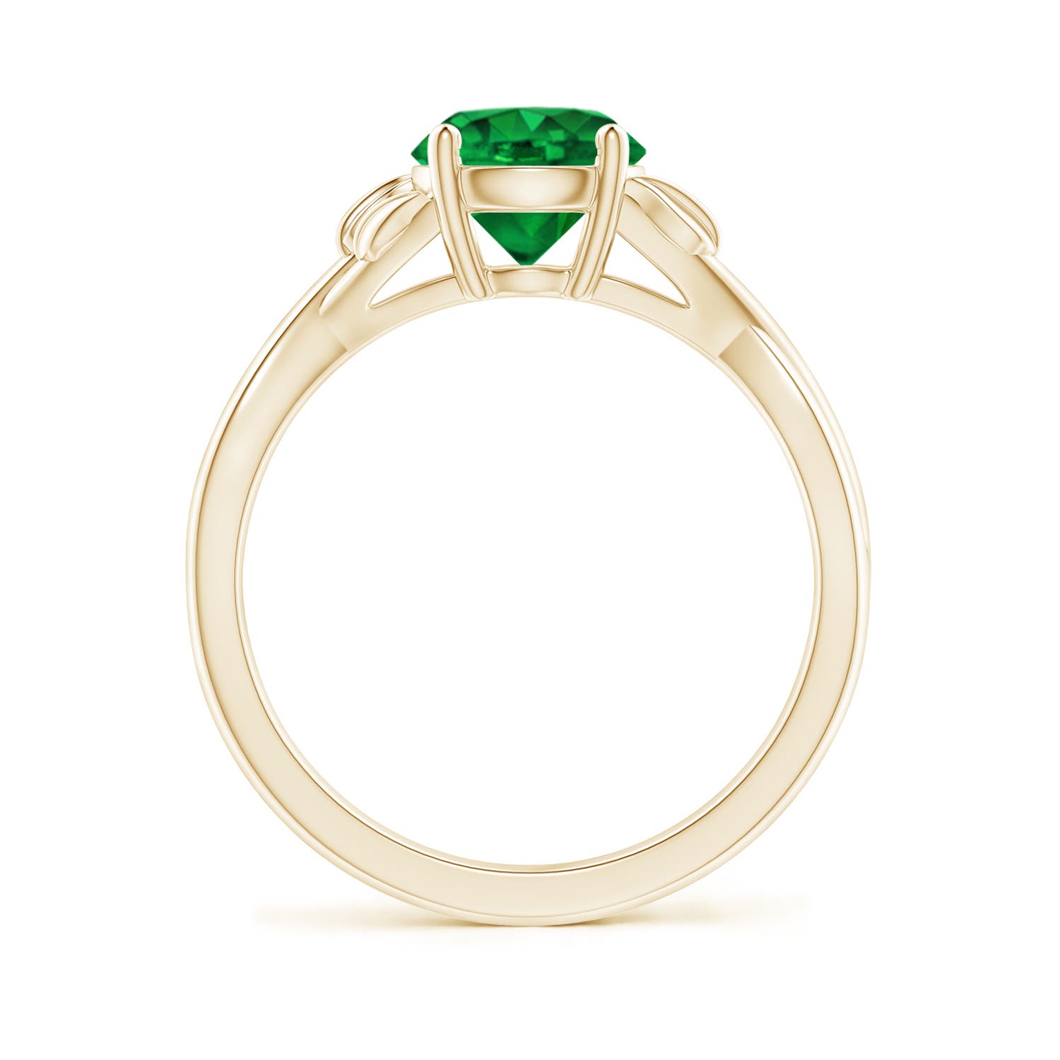 7mm AAAA Nature Inspired Emerald Crossover Ring with Leaf Motifs in Yellow Gold