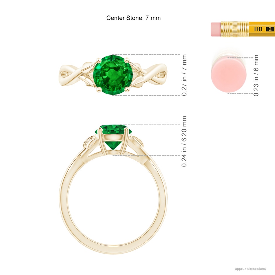 7mm AAAA Nature Inspired Emerald Crossover Ring with Leaf Motifs in Yellow Gold ruler