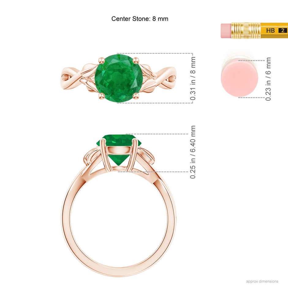 8mm AA Nature Inspired Emerald Crossover Ring with Leaf Motifs in Rose Gold ruler