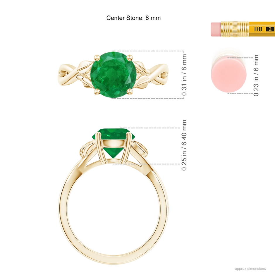 8mm AA Nature Inspired Emerald Crossover Ring with Leaf Motifs in Yellow Gold ruler