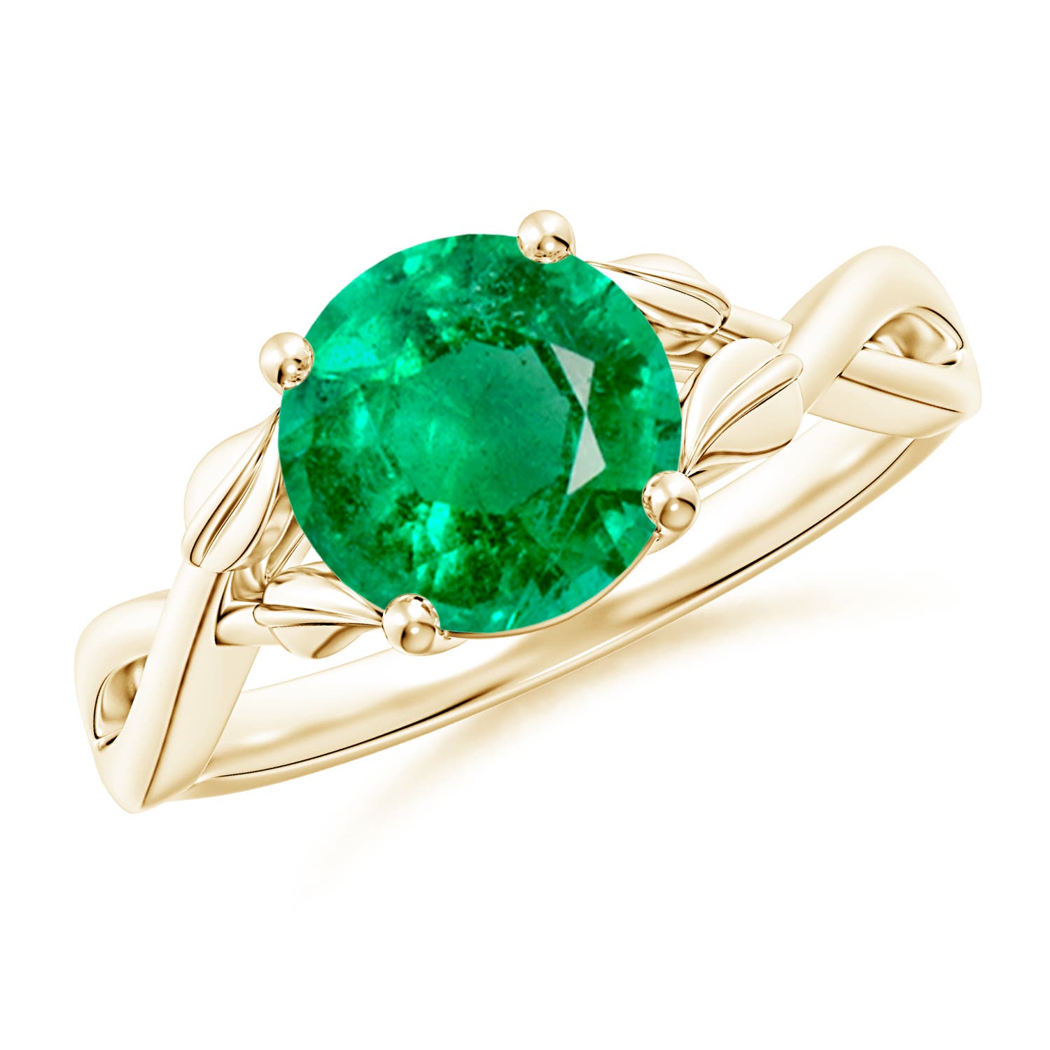 8mm AAA Nature Inspired Emerald Crossover Ring with Leaf Motifs in Yellow Gold