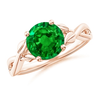 8mm AAAA Nature Inspired Emerald Crossover Ring with Leaf Motifs in 10K Rose Gold