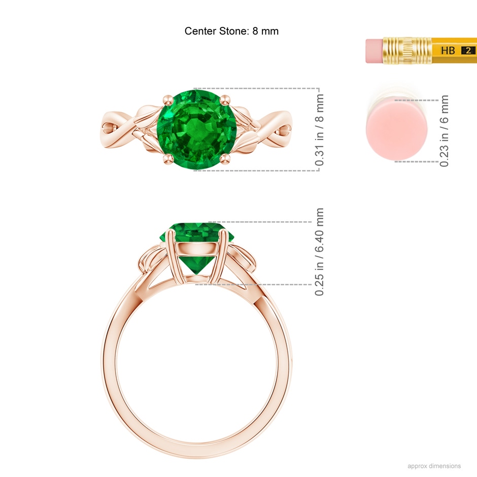 8mm AAAA Nature Inspired Emerald Crossover Ring with Leaf Motifs in 9K Rose Gold ruler