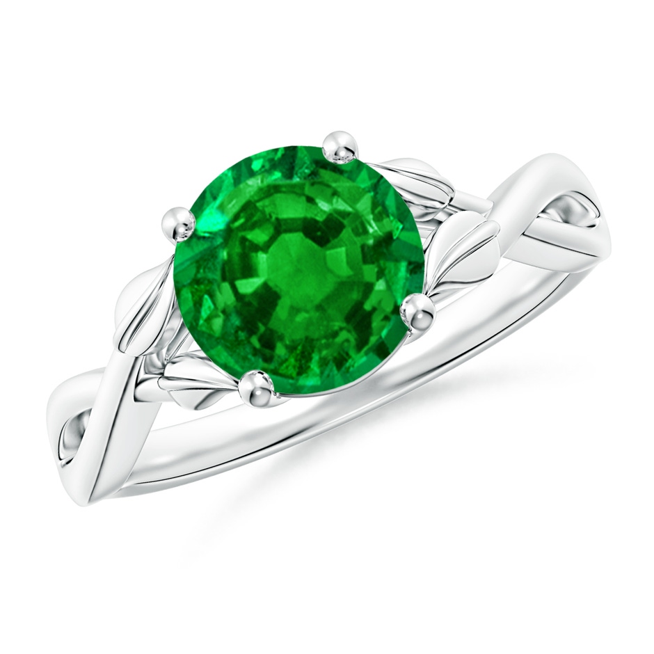 8mm AAAA Nature Inspired Emerald Crossover Ring with Leaf Motifs in P950 Platinum 