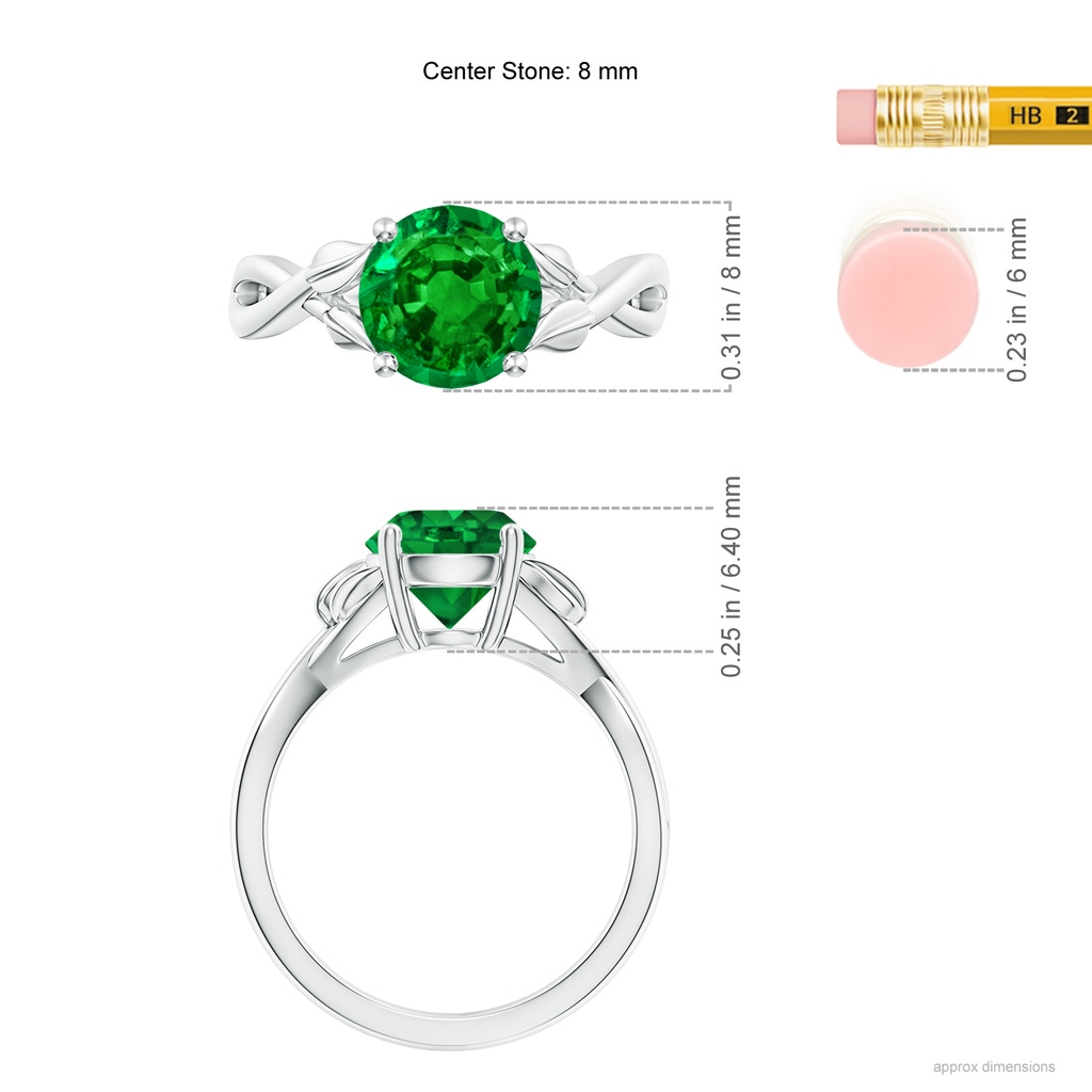 8mm AAAA Nature Inspired Emerald Crossover Ring with Leaf Motifs in P950 Platinum ruler