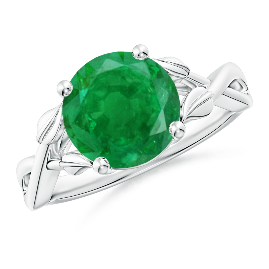 9mm AA Nature Inspired Emerald Crossover Ring with Leaf Motifs in P950 Platinum 
