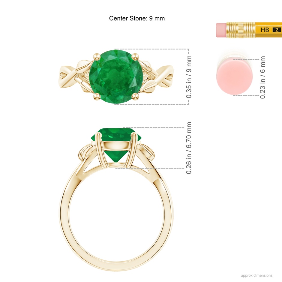 9mm AA Nature Inspired Emerald Crossover Ring with Leaf Motifs in Yellow Gold ruler