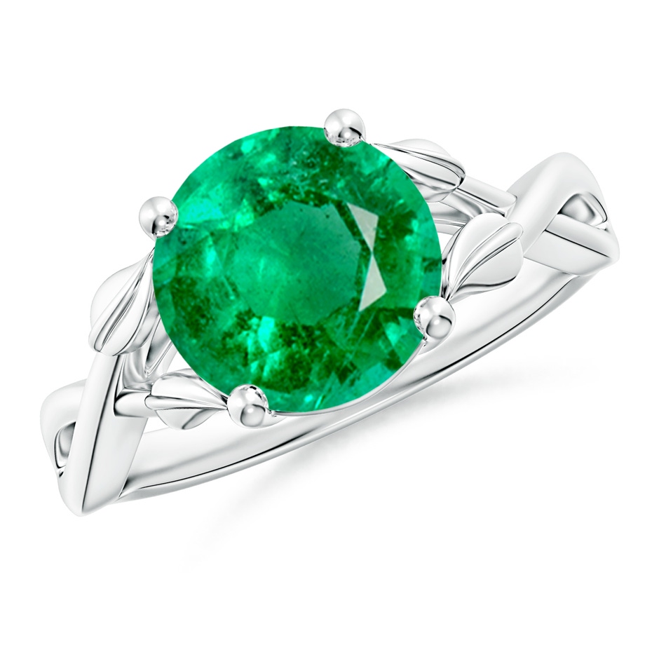 9mm AAA Nature Inspired Emerald Crossover Ring with Leaf Motifs in White Gold 