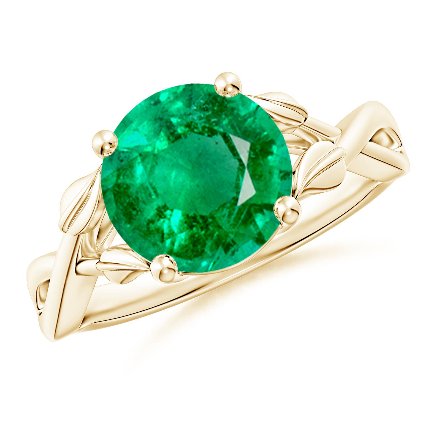 9mm AAA Nature Inspired Emerald Crossover Ring with Leaf Motifs in Yellow Gold