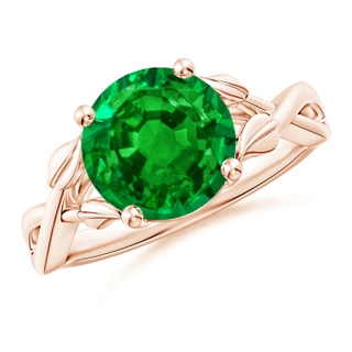 9mm AAAA Nature Inspired Emerald Crossover Ring with Leaf Motifs in 10K Rose Gold