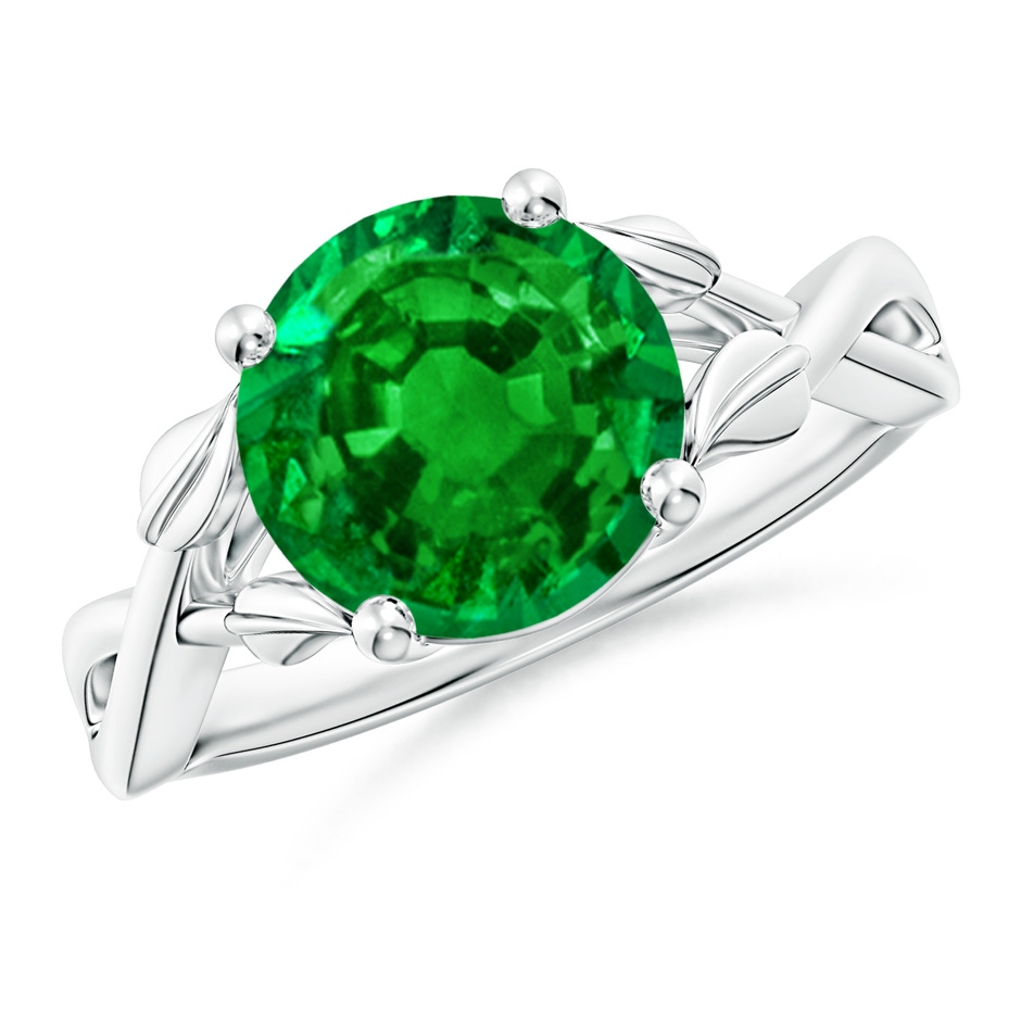 9mm AAAA Nature Inspired Emerald Crossover Ring with Leaf Motifs in P950 Platinum 