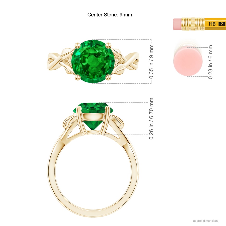 9mm AAAA Nature Inspired Emerald Crossover Ring with Leaf Motifs in Yellow Gold ruler