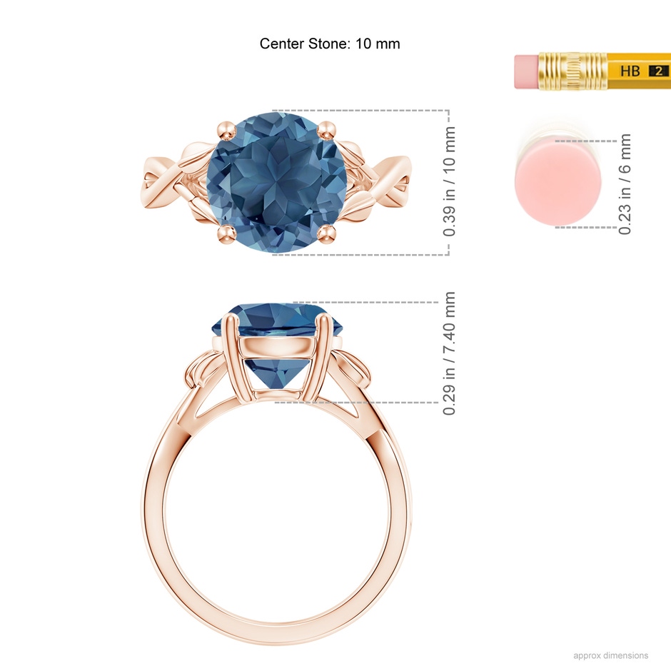10mm A Nature Inspired London Blue Topaz Crossover Ring with Leaf Motifs in Rose Gold ruler