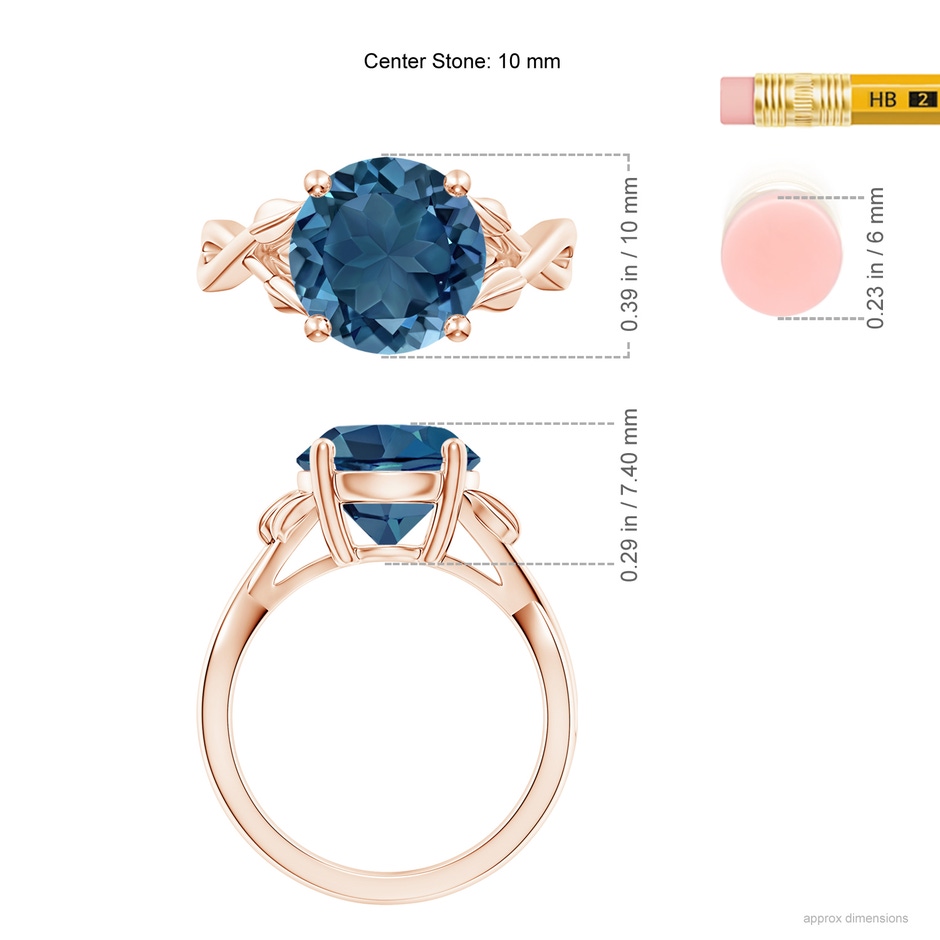 10mm AA Nature Inspired London Blue Topaz Crossover Ring with Leaf Motifs in Rose Gold ruler