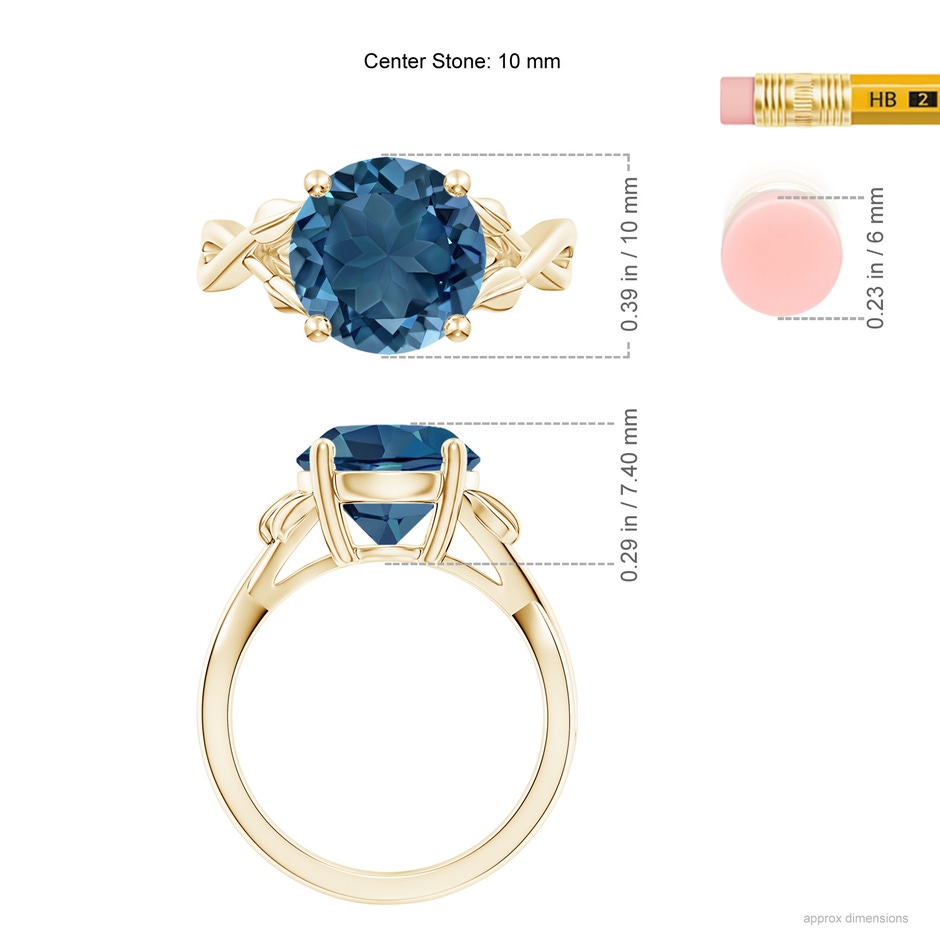 10mm AA Nature Inspired London Blue Topaz Crossover Ring with Leaf Motifs in Yellow Gold ruler