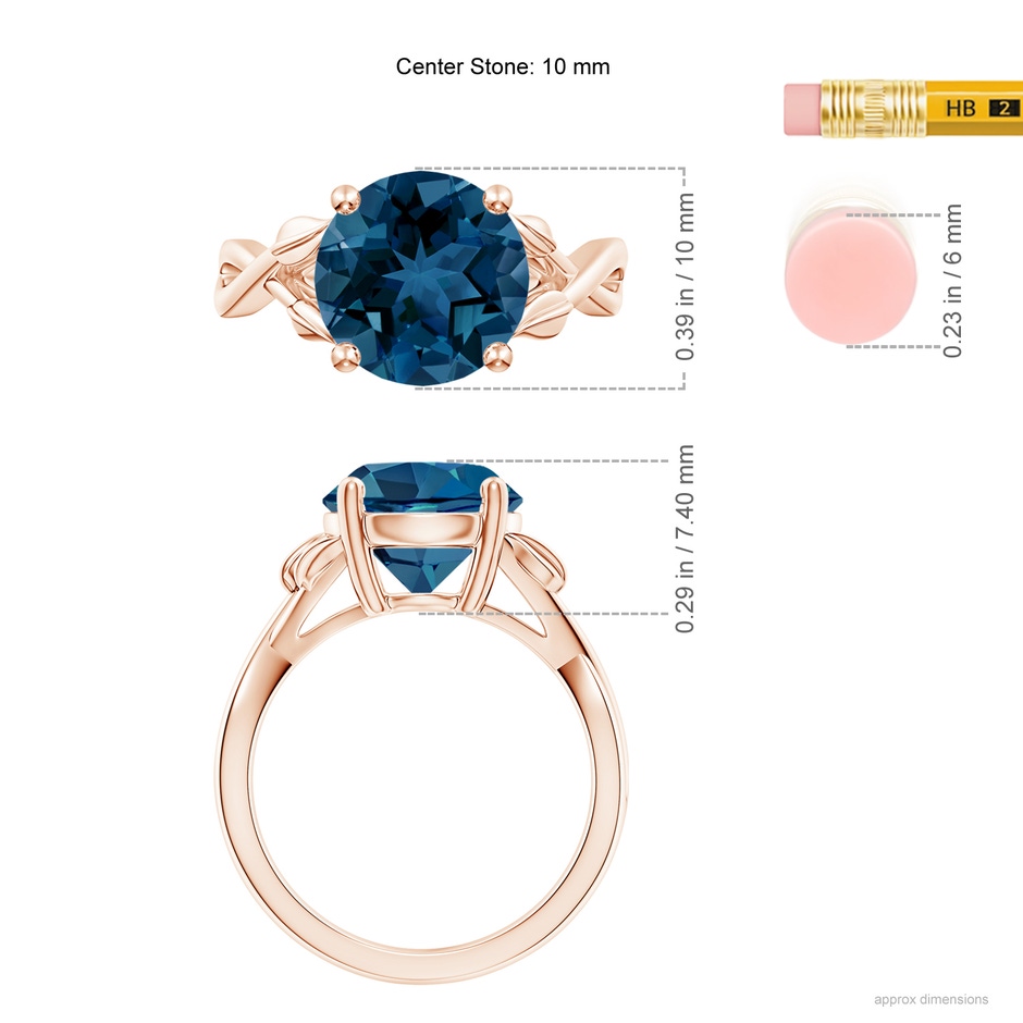 10mm AAA Nature Inspired London Blue Topaz Crossover Ring with Leaf Motifs in 18K Rose Gold ruler