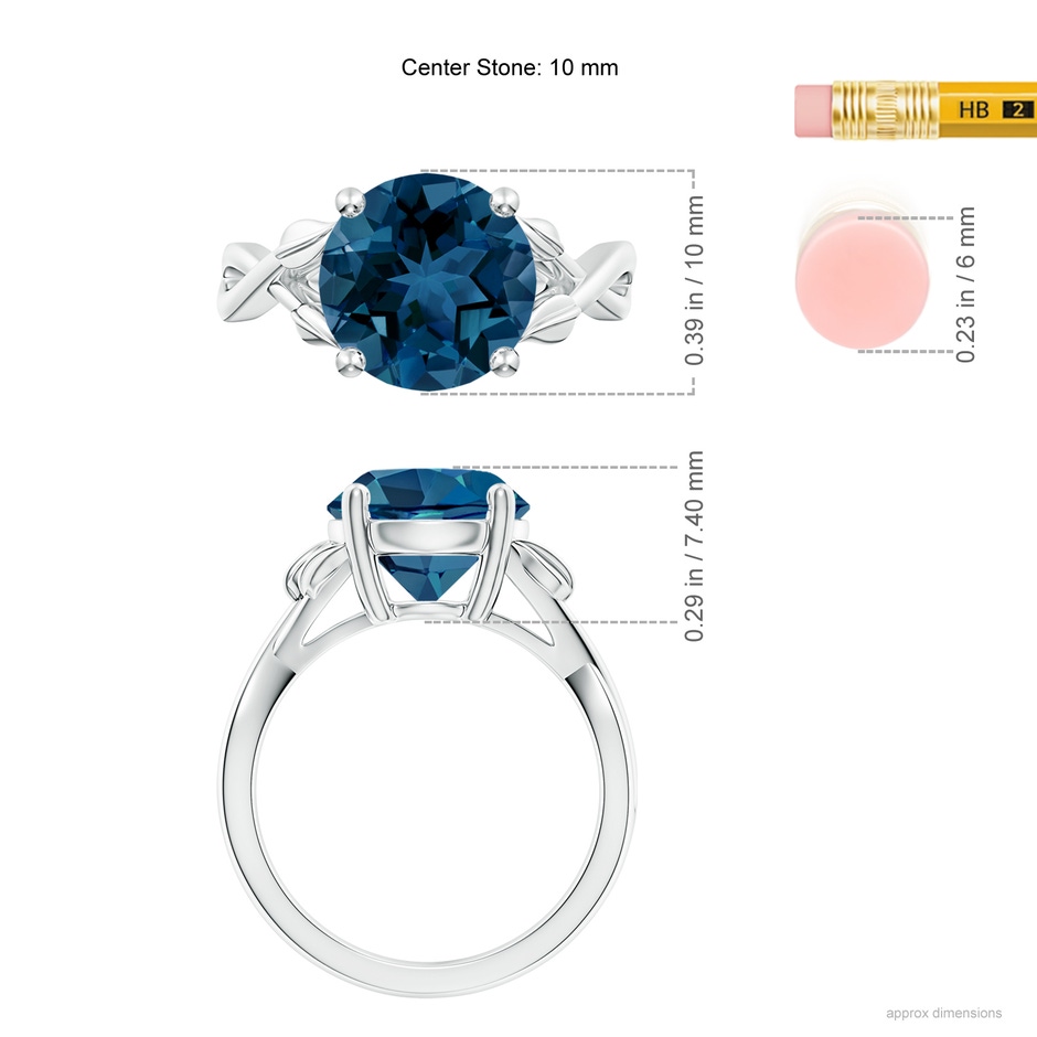 10mm AAA Nature Inspired London Blue Topaz Crossover Ring with Leaf Motifs in P950 Platinum ruler
