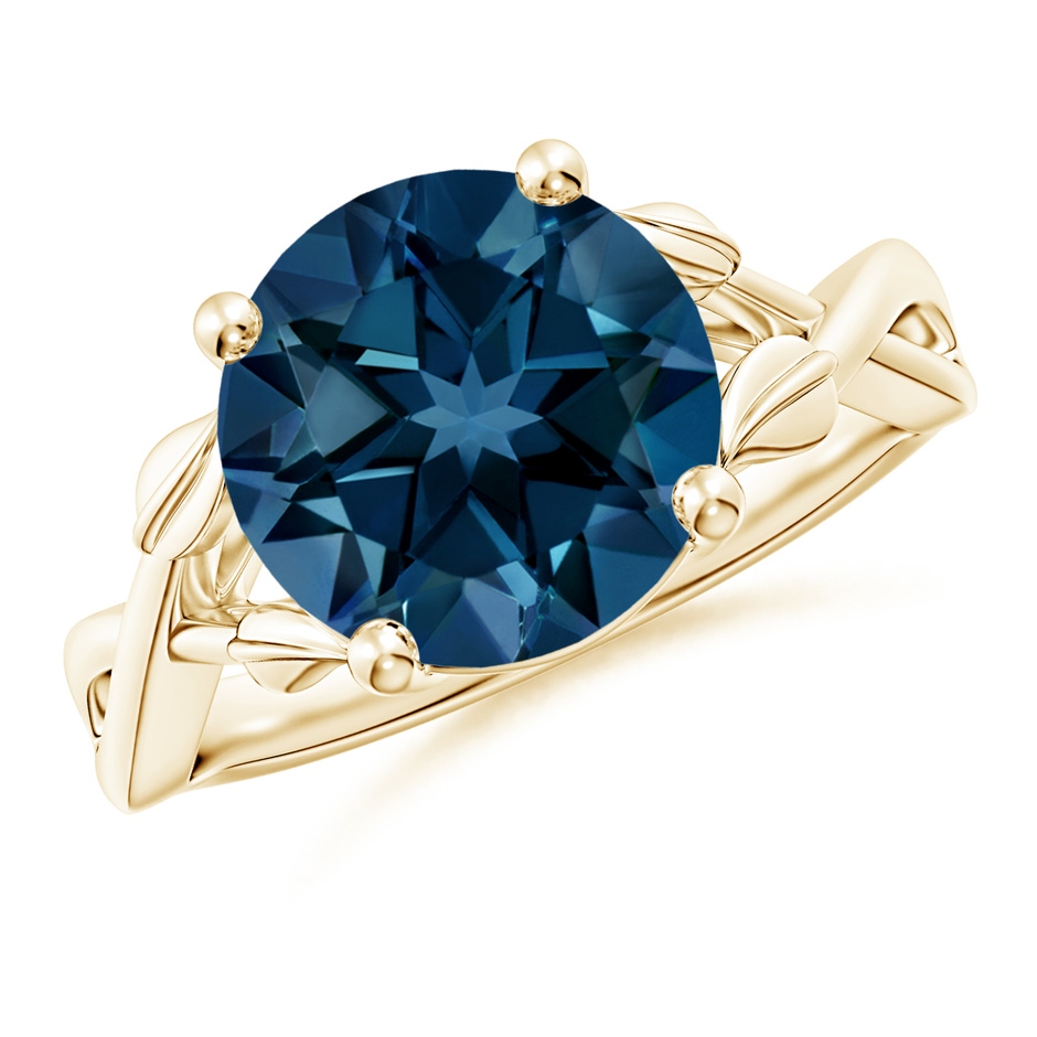 10mm AAAA Nature Inspired London Blue Topaz Crossover Ring with Leaf Motifs in 18K Yellow Gold 