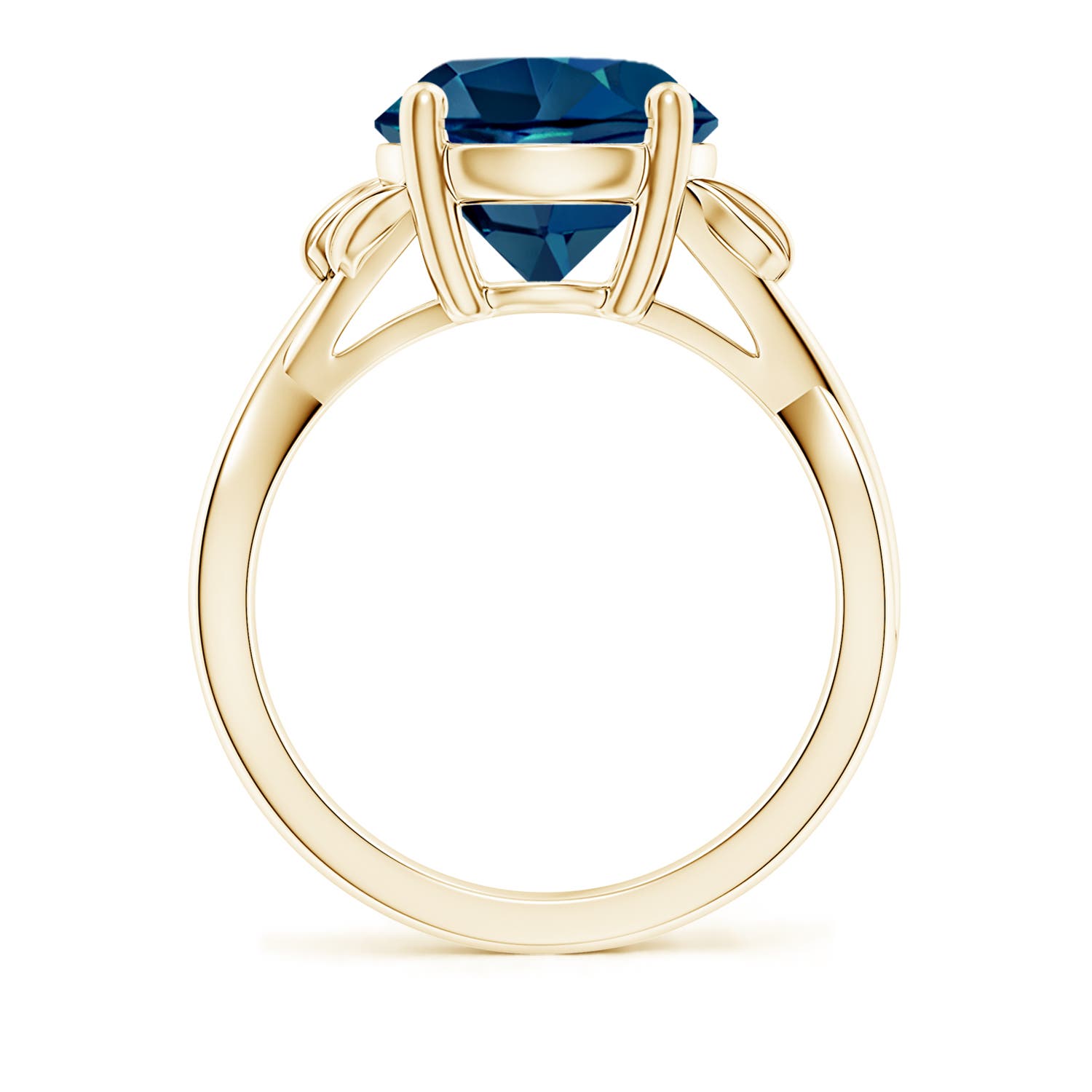 10mm AAAA Nature Inspired London Blue Topaz Crossover Ring with Leaf Motifs in Yellow Gold