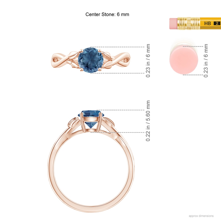 6mm A Nature Inspired London Blue Topaz Crossover Ring with Leaf Motifs in Rose Gold ruler