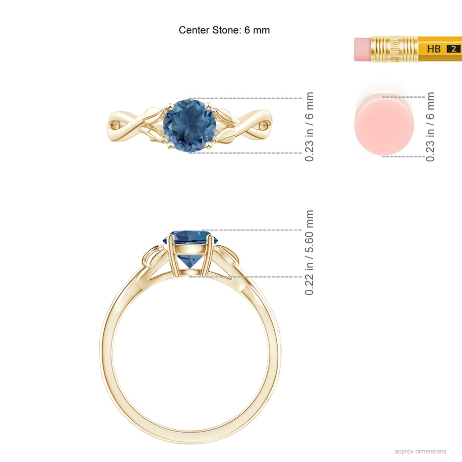 6mm A Nature Inspired London Blue Topaz Crossover Ring with Leaf Motifs in Yellow Gold ruler