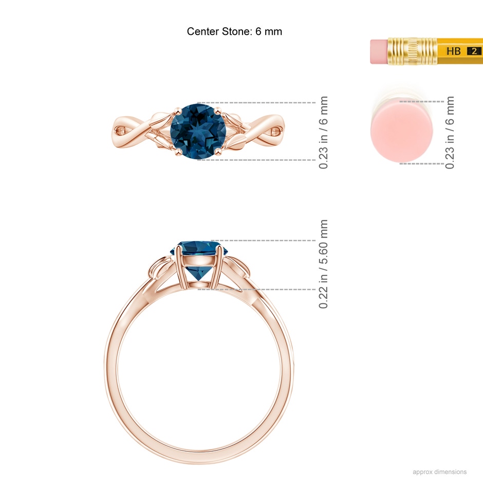 6mm AAA Nature Inspired London Blue Topaz Crossover Ring with Leaf Motifs in Rose Gold ruler